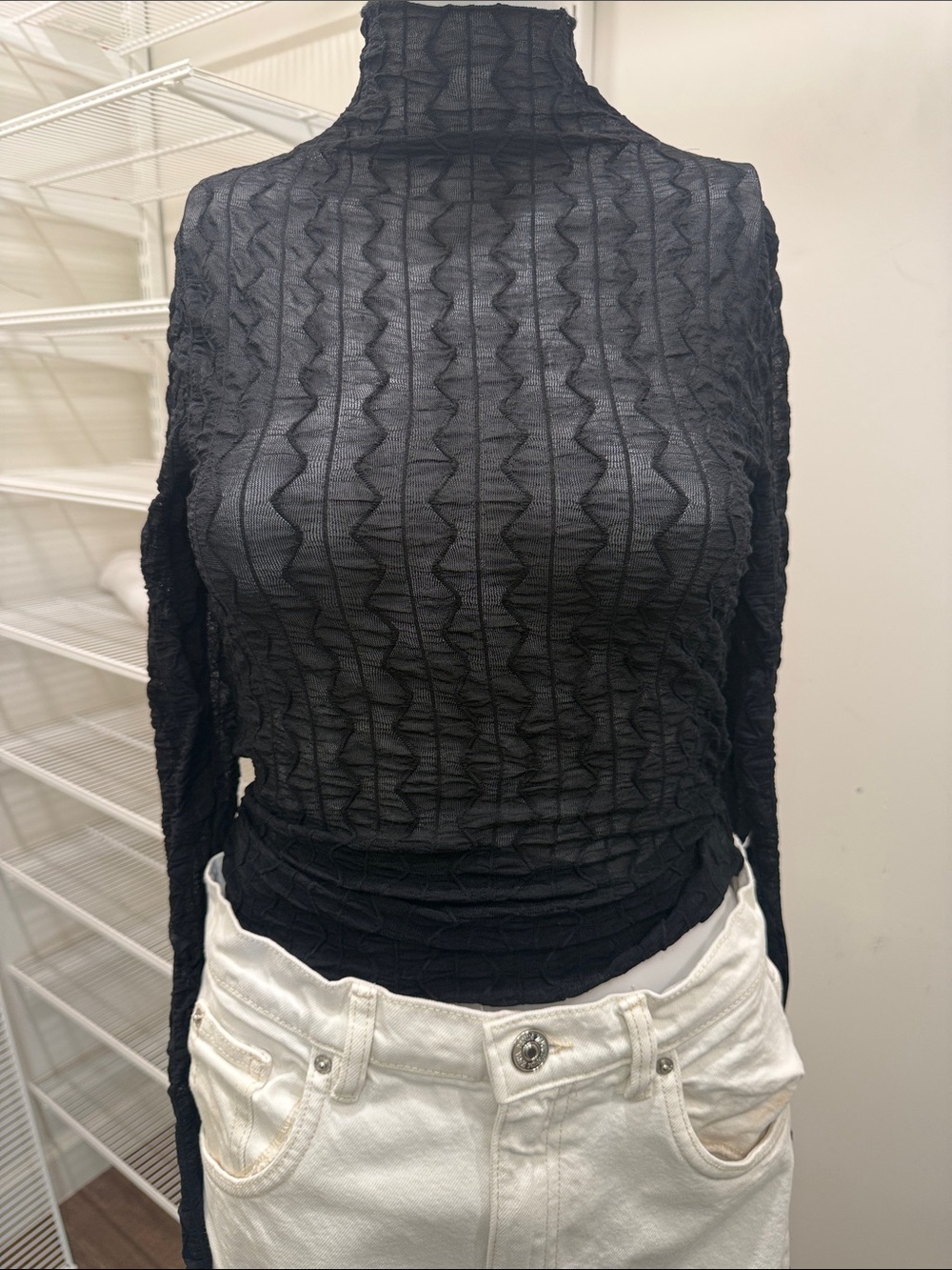 19 Cooper Black Sheer Mock Neck Long Sleeve Top